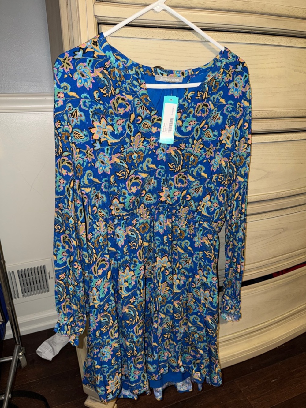 NWT Daniel Rainn Royal Blue Multicolor Floral Long-Sleeve Dress size Large